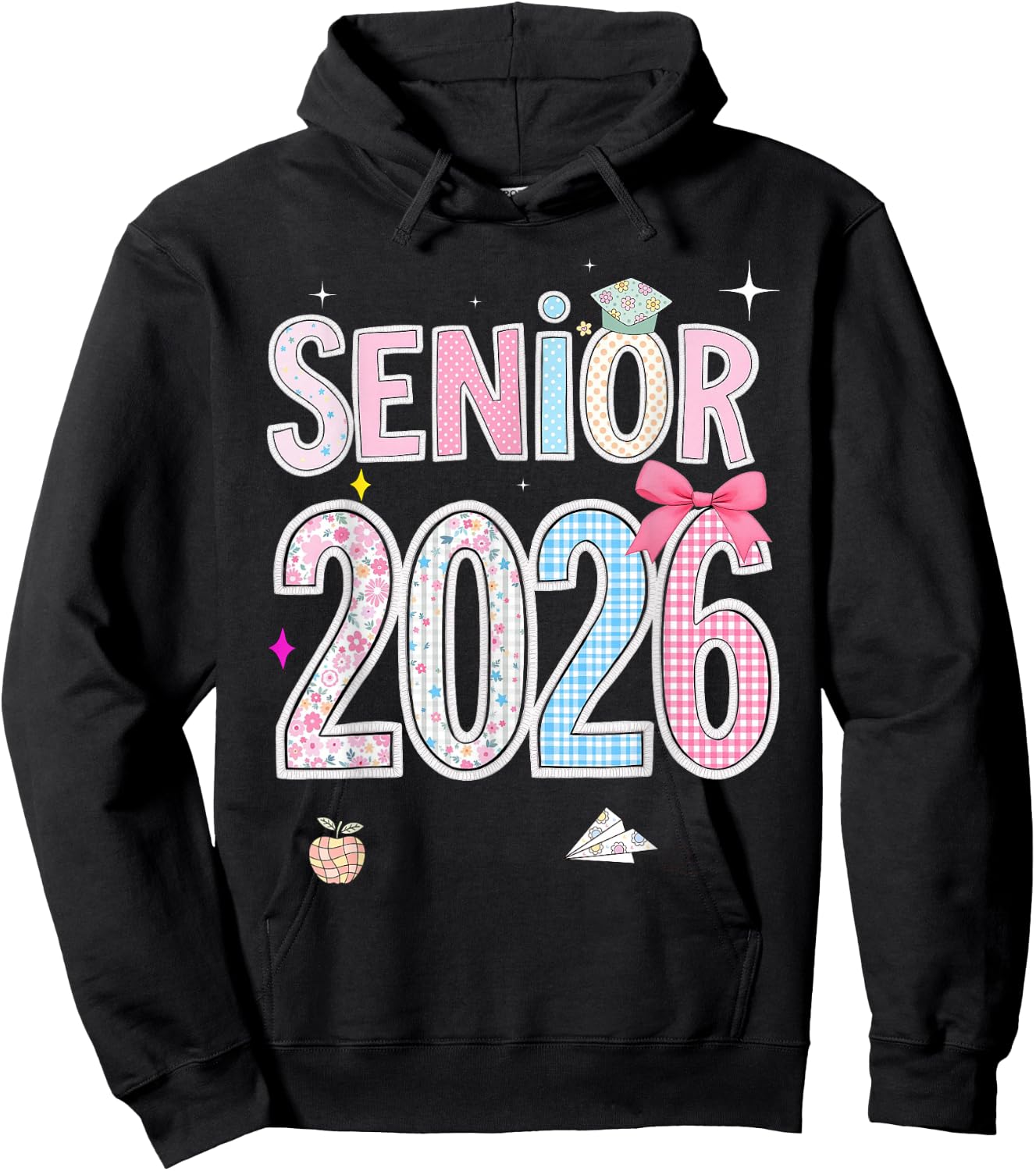 Back To School Senior 2026 Pastel Floral Graduation Bow Cap Hoodie - Hoodie | Black