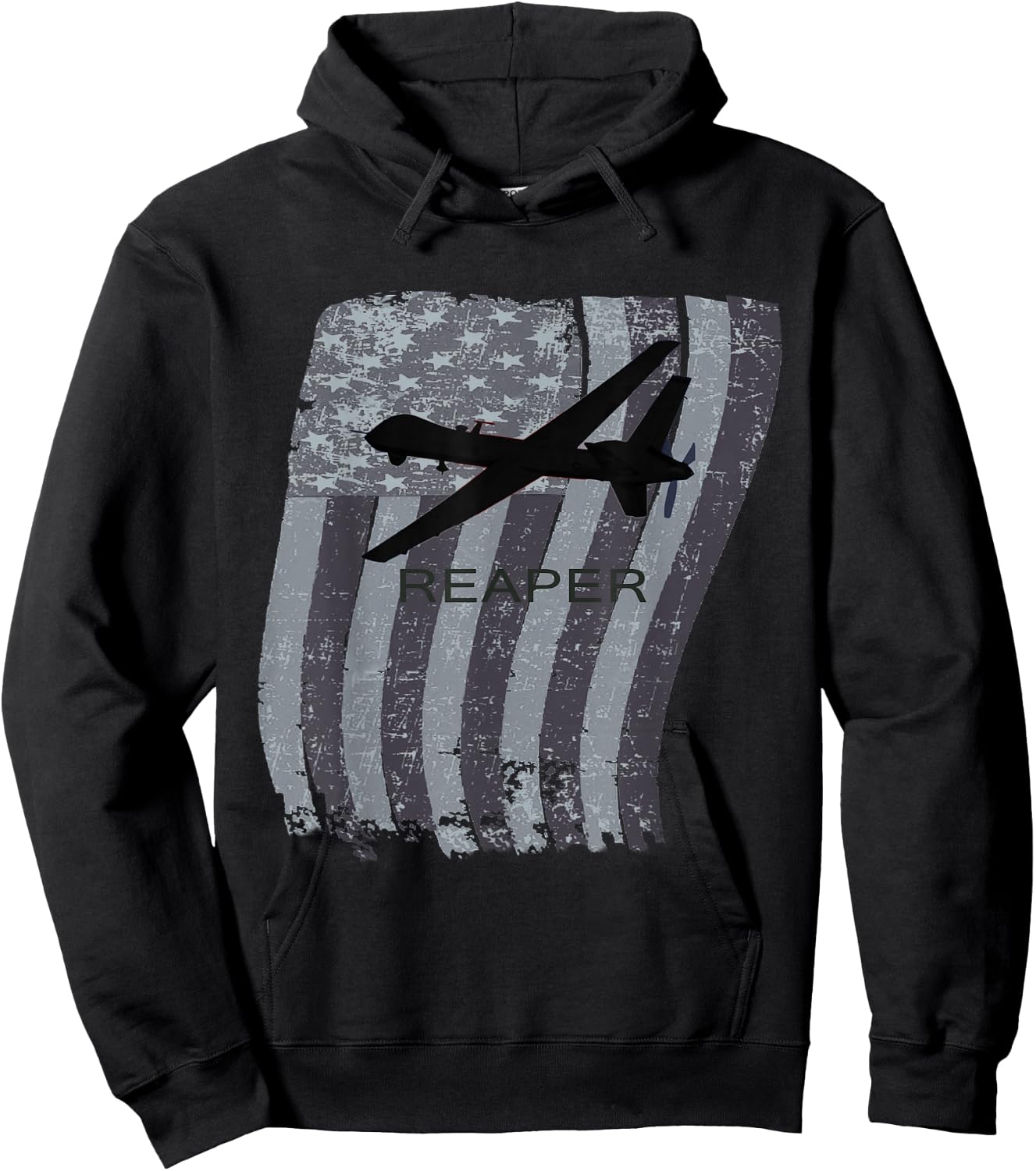 MQ-9 Reaper Drone Plane Distressed US Flag Hoodie - Hoodie | Black