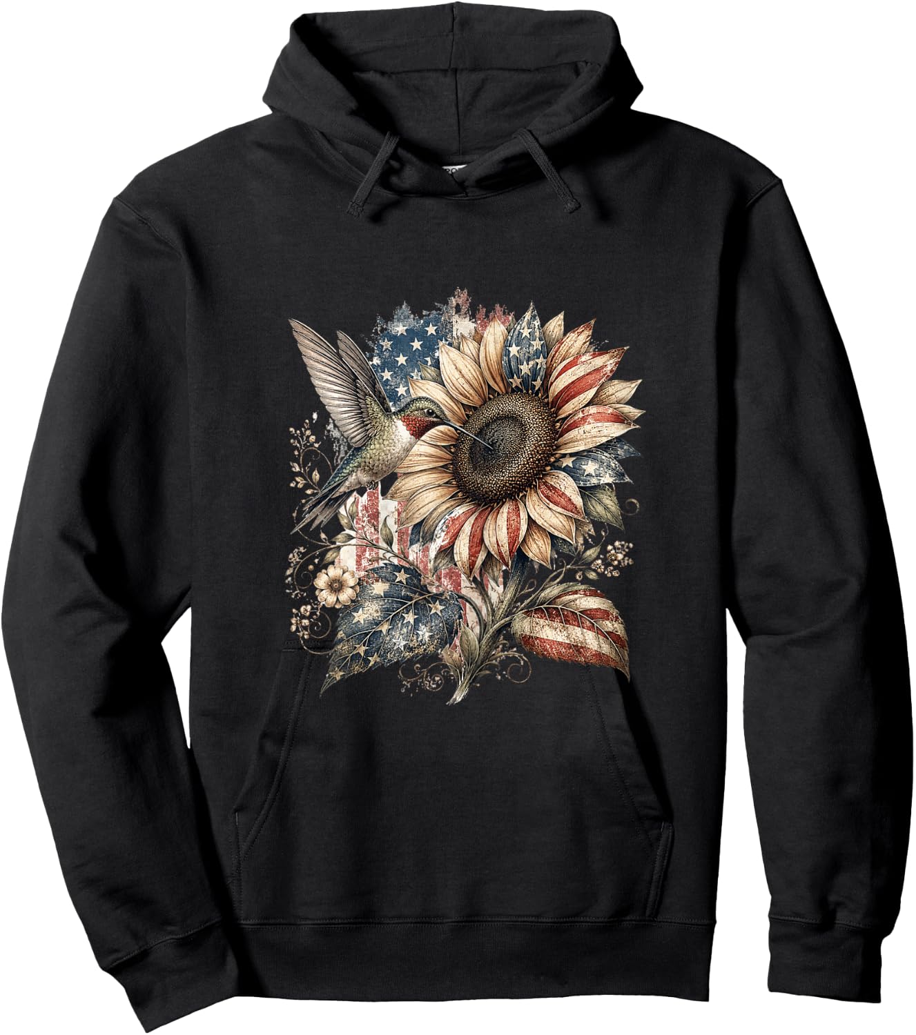 American Flag Sunflower Patriotic 250th Floral Vintage Women Hoodie - Hoodie | Black