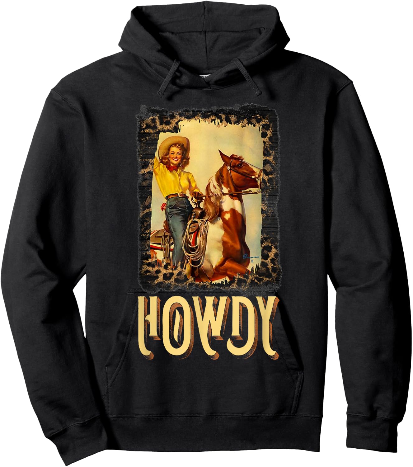 Howdy Vintage Rustic Rodeo Western Southern Cowgirl Portrait Hoodie - Hoodie | Black