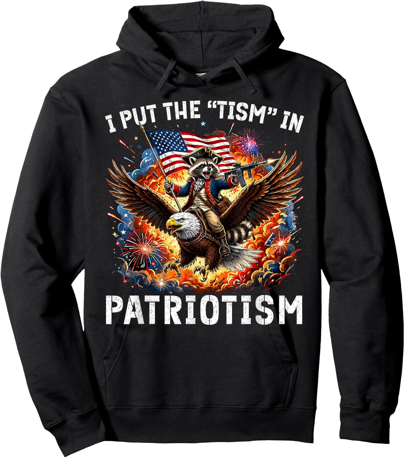 I Put The Tism in Patriotism Retro Eagle Raccoon USA Flag Hoodie - Hoodie | Black