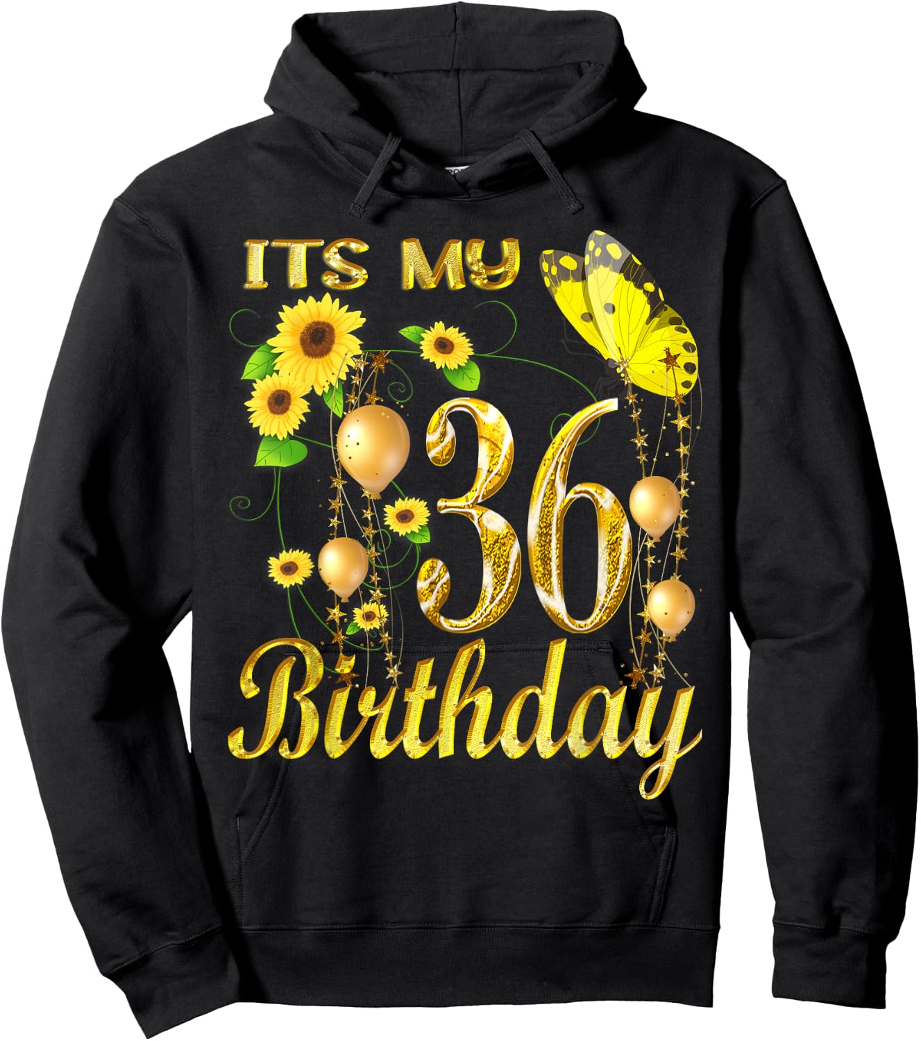 Its My 36th Birthday 36 Year Old Girl Sunflower Butterfly Hoodie - Hoodie | Black