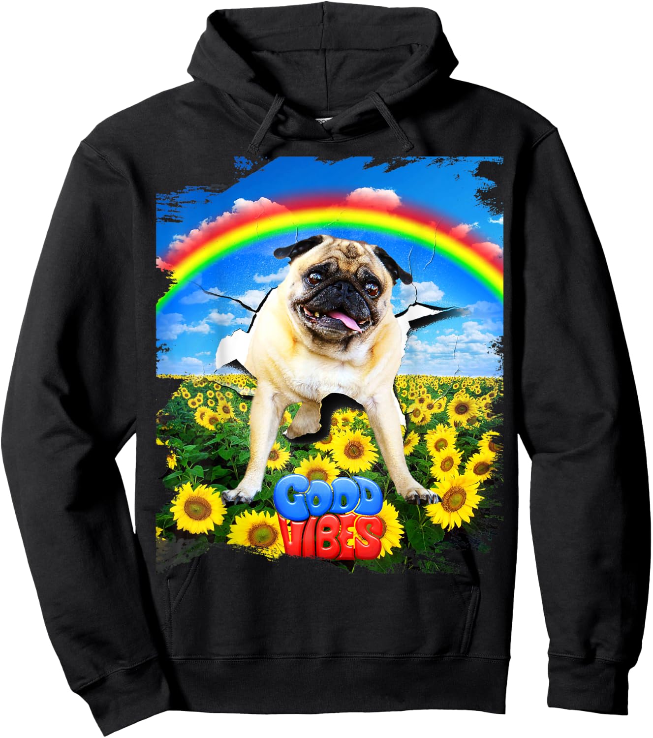 Pug Dog Cracked Wall Good Positive Vibes Rainbow Funny Men Women Kids Hoodie - Hoodie | Black