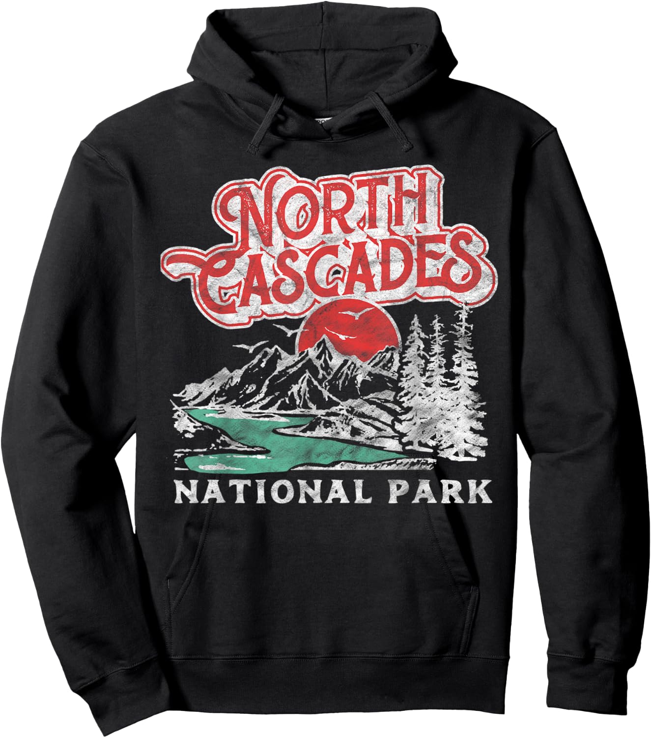 North Cascades National Park Retro 80's Mountains Distressed Hoodie - Hoodie | Black