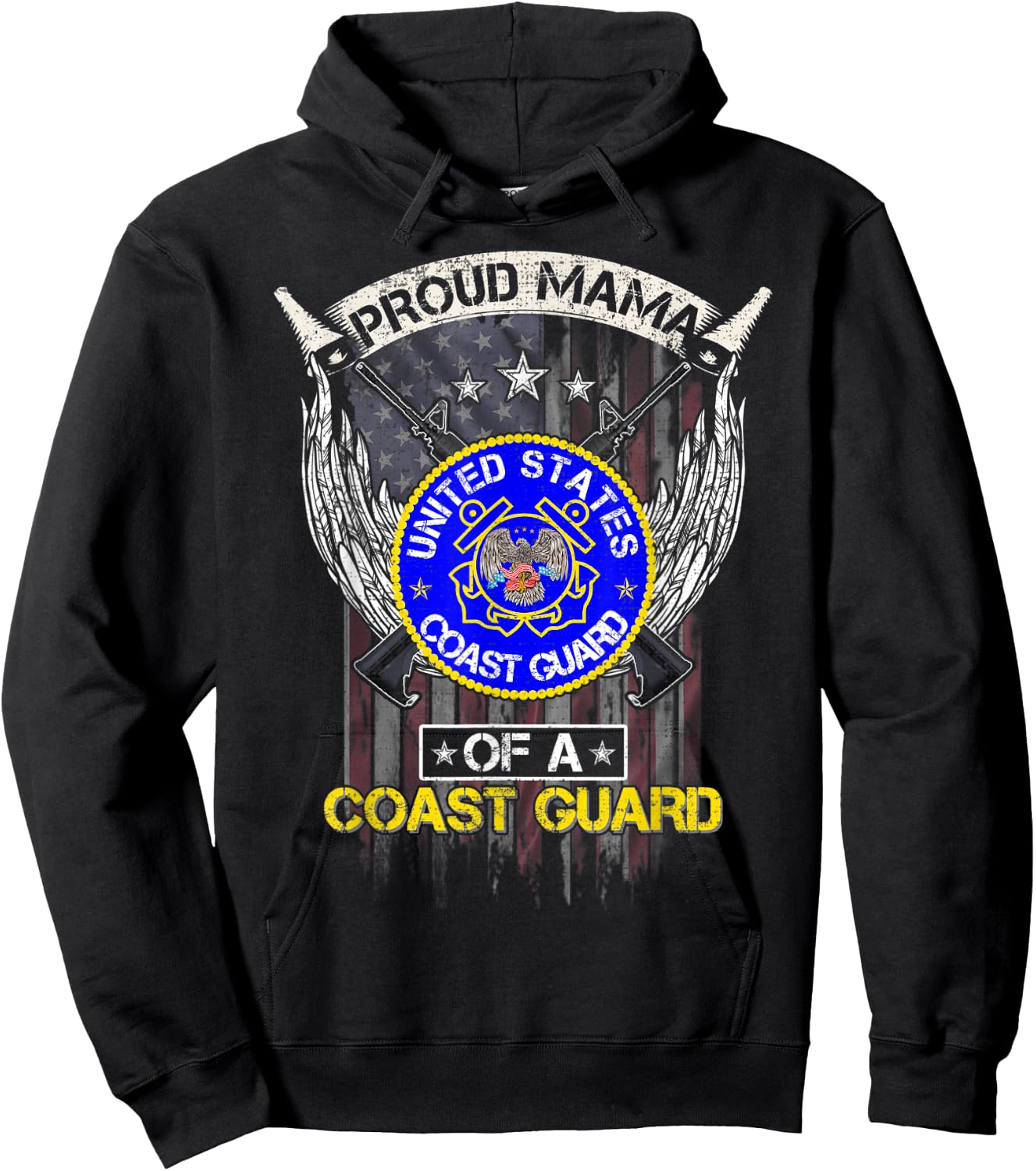 Vintage USA American Flag Proud Mama Of A US Coast Guard Men Hoodie - Hoodie | Black