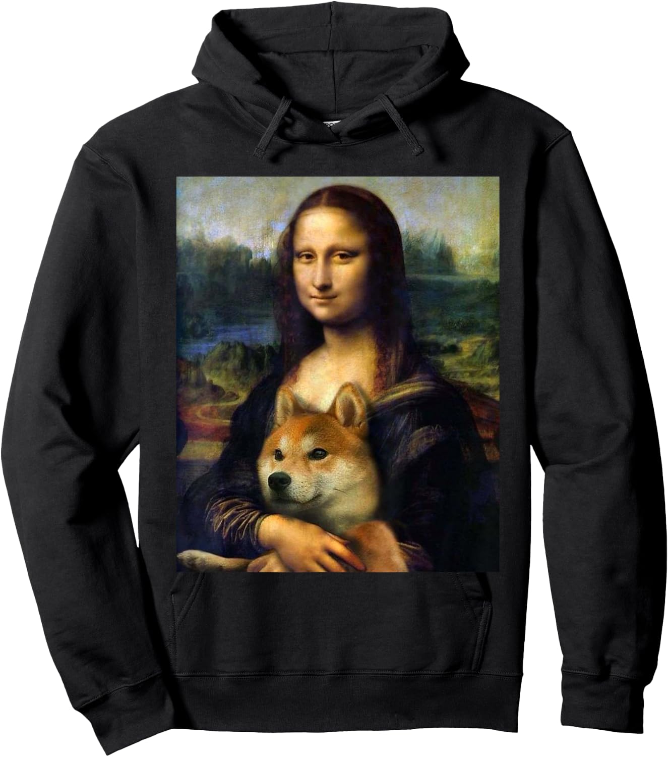Mona Lisa da Vinci Print Shirt Mona Lisa with Shiba Inu Dog Hoodie - Hoodie | Black