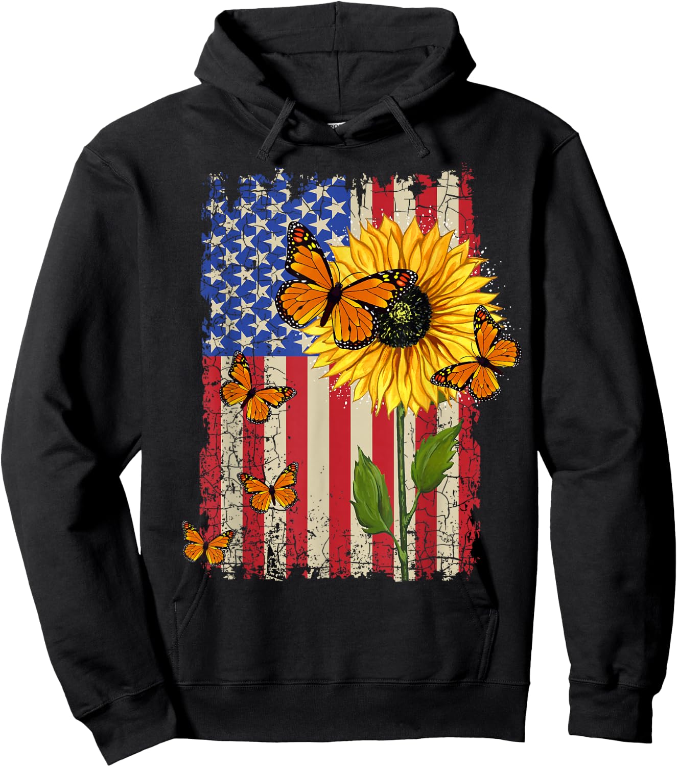Sunflower Monarch Butterflies Patriotic American Flag Hoodie - Hoodie | Black