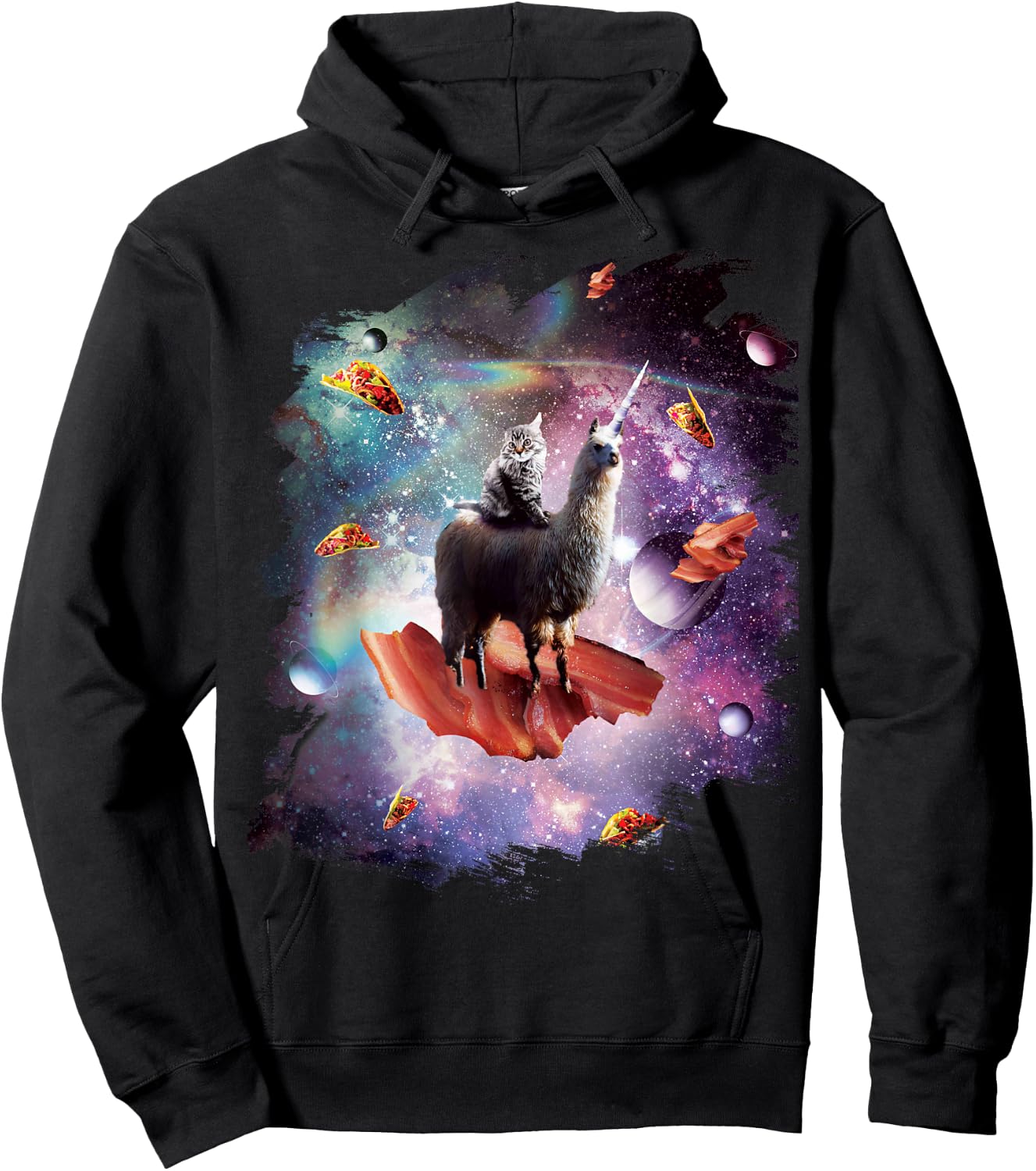 Space Cat Riding Llama Unicorn - Bacon Taco Men Women Girls Kids Hoodie - Hoodie | Black