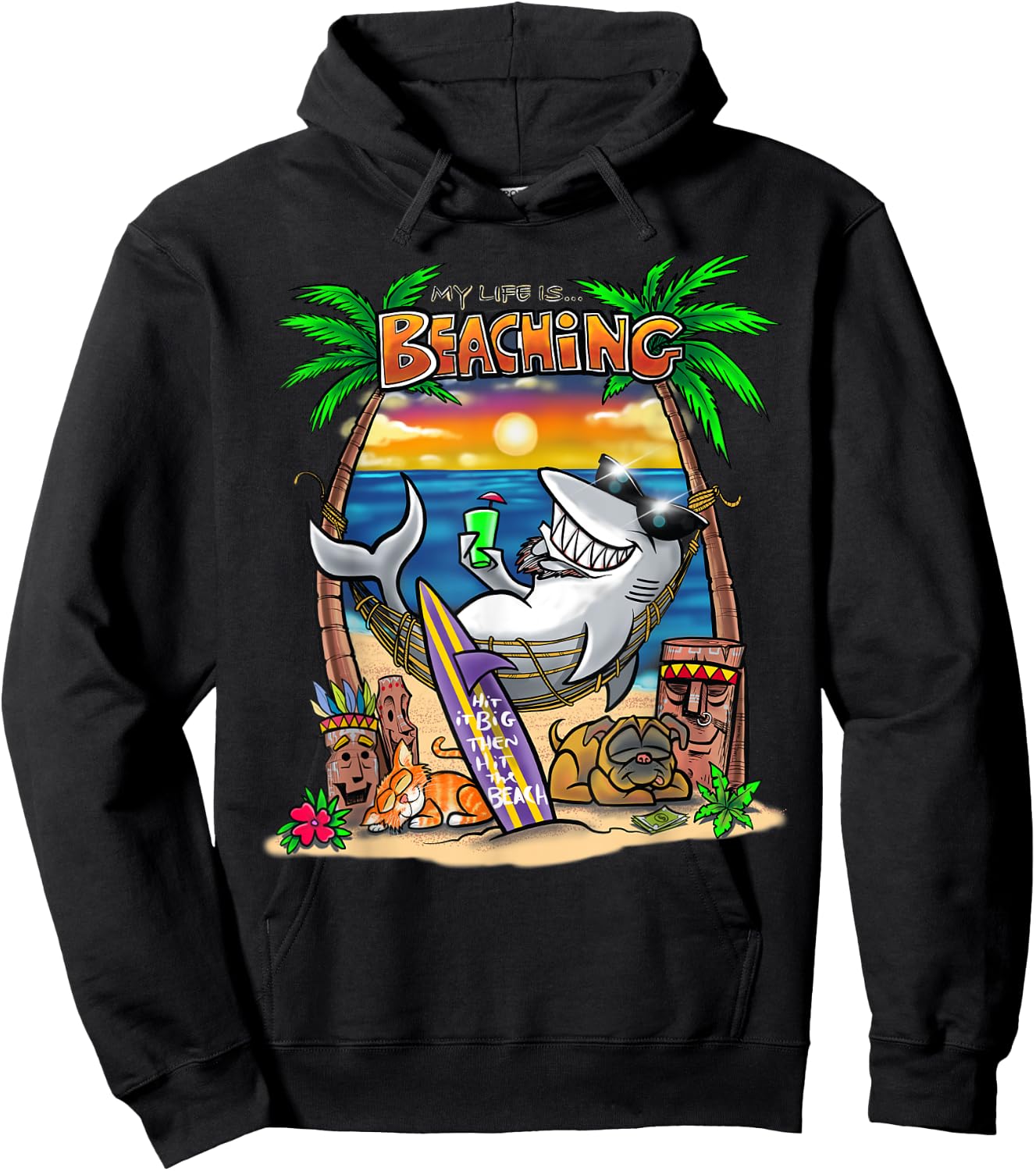 Beach Bum Tiki Shark Surfer T Shirt Hoodie - Hoodie | Black