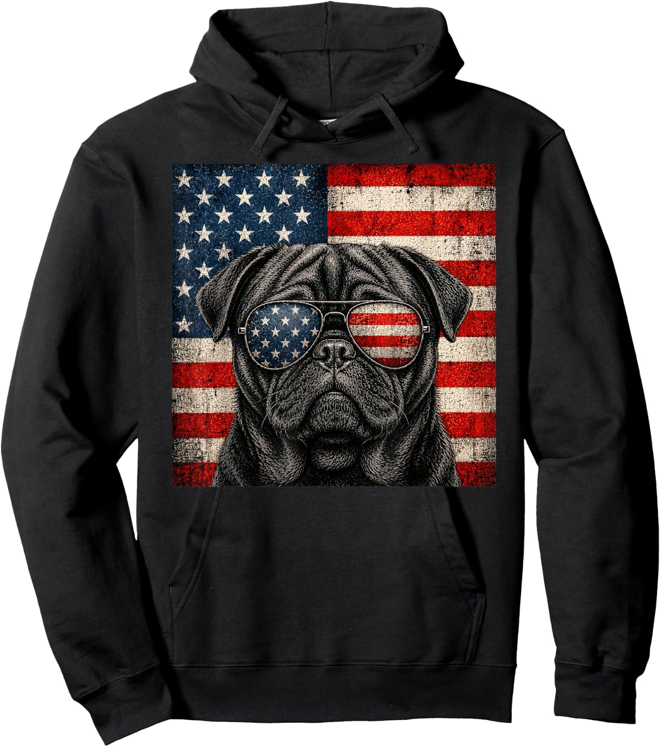 Black Pug 4th of July US American Flag Dog Patriotic Hoodie - Hoodie | Black