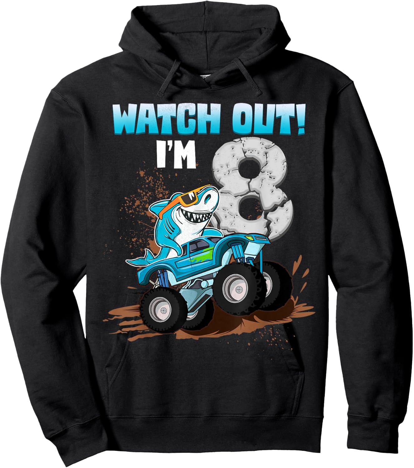 8 Years Old 8th Birthday Shark Boy Girl Monster Truck Gamer Hoodie - Hoodie | Black