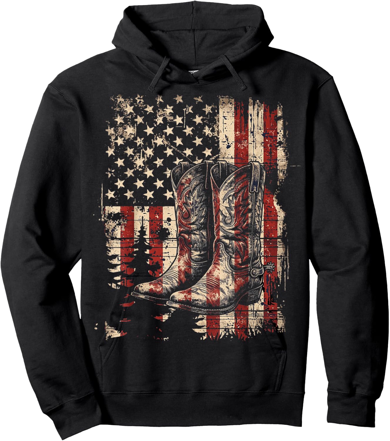 Retro Western Cowboy Boots Cowgirl American Flag 4th of July Hoodie - Hoodie | Black