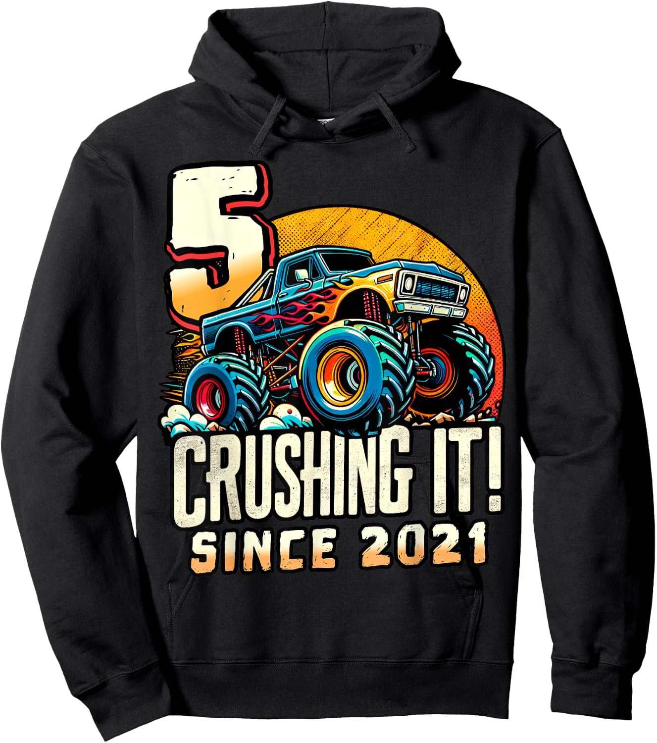 Birthday Monster Truck 5 Year Old Boys 5th Party Born 2021 Hoodie - Hoodie | Black