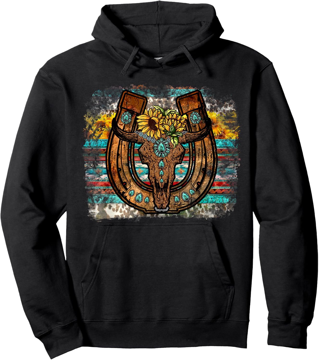Cute Western Bull Sunflower Horseshoe Country Boho Hoodie - Hoodie | Black
