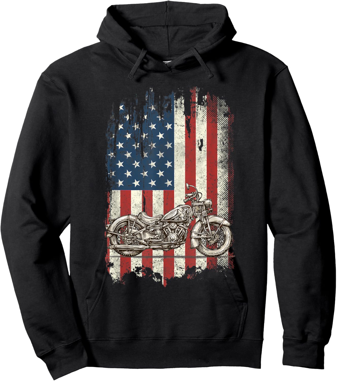 Motorcycle American Flag Distressed Vintage Biker Patriotic Women Kids Men Hoodie - Hoodie | Black