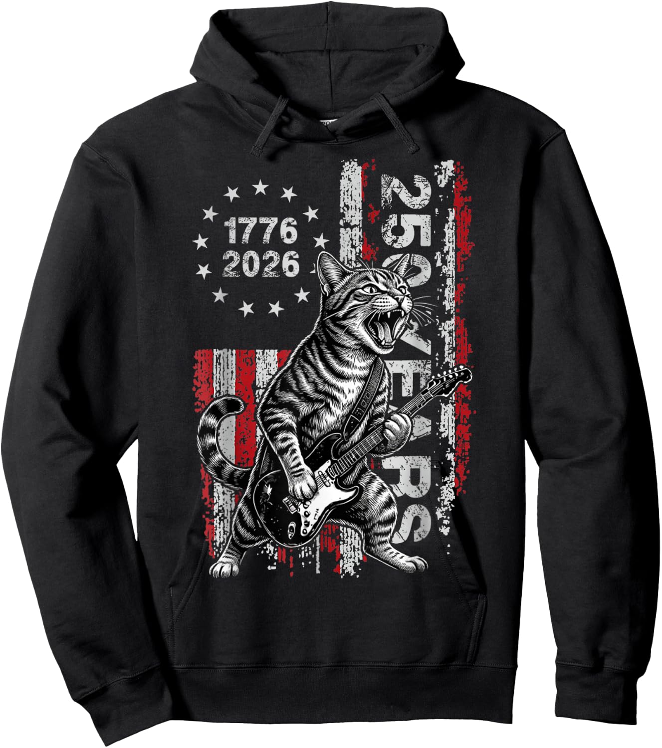 250 Years US Flag Cat Playing Guitar - Funny Patriotic Cat Hoodie - Hoodie | Black
