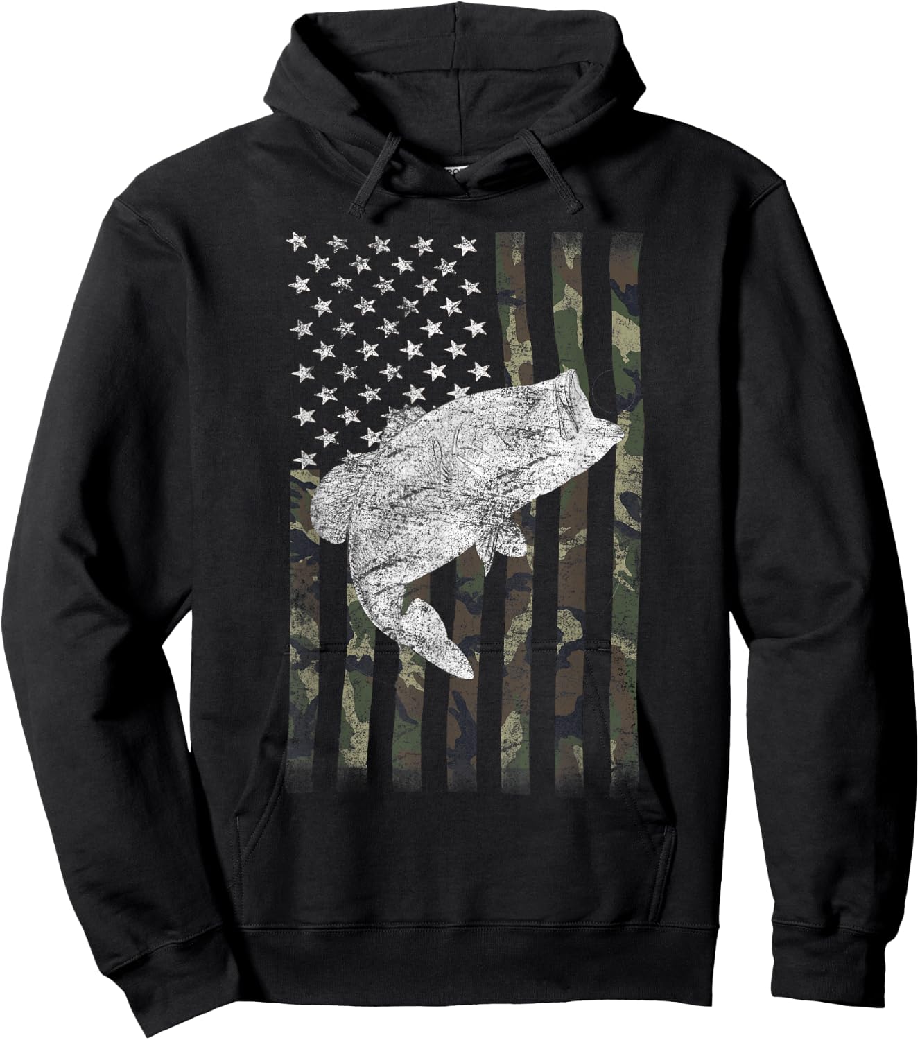 Bass Fishing US American Flag Large Mouth Camo Kids Men Hoodie - Hoodie | Black