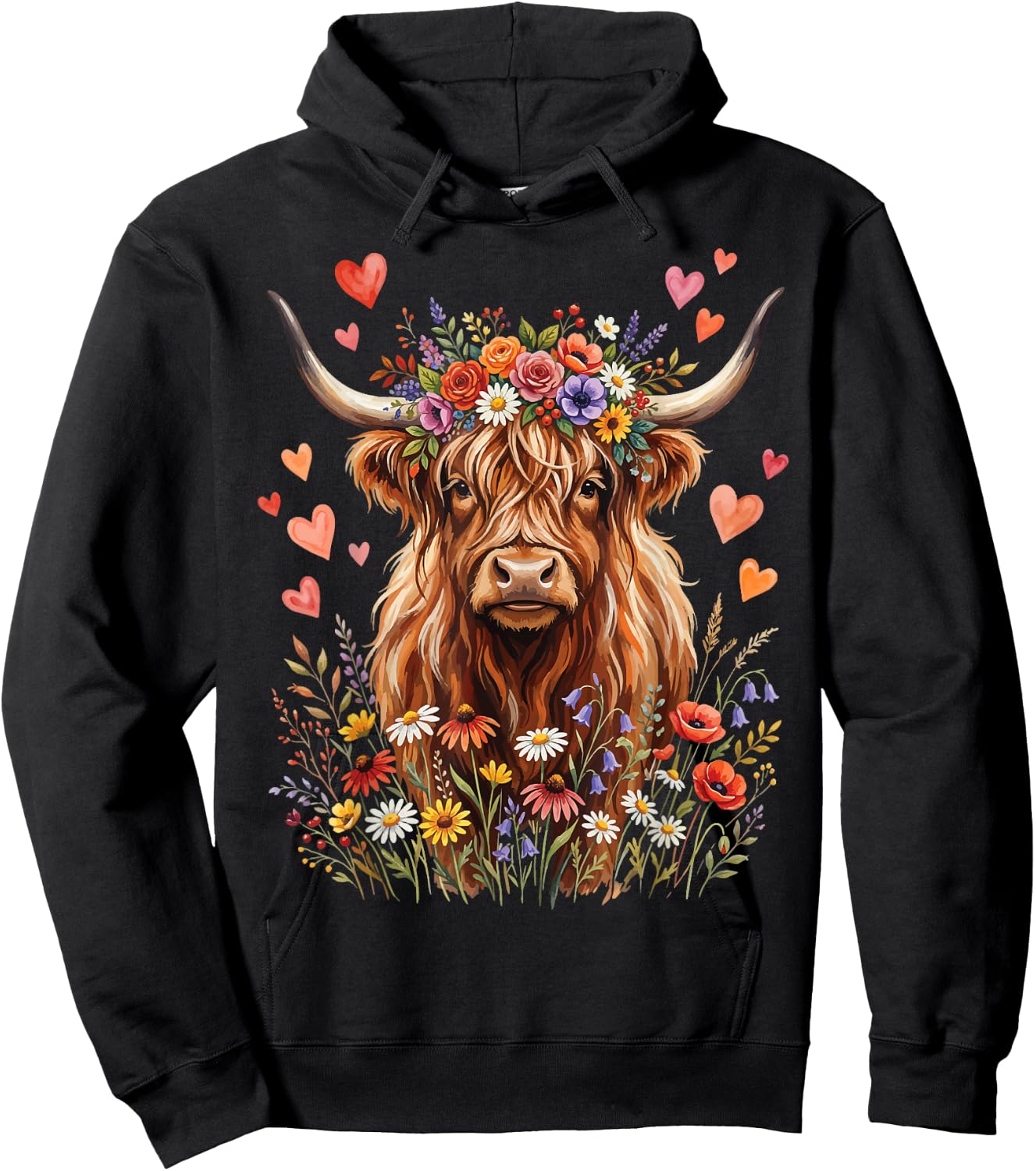 Highland Cow Floral Cute Hoodie - Hoodie | Black