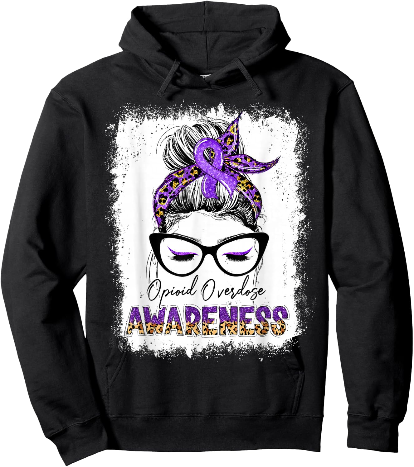 Leopard Messy Bun Opioid Overdose Awareness Purple Ribbon Hoodie - Hoodie | Black