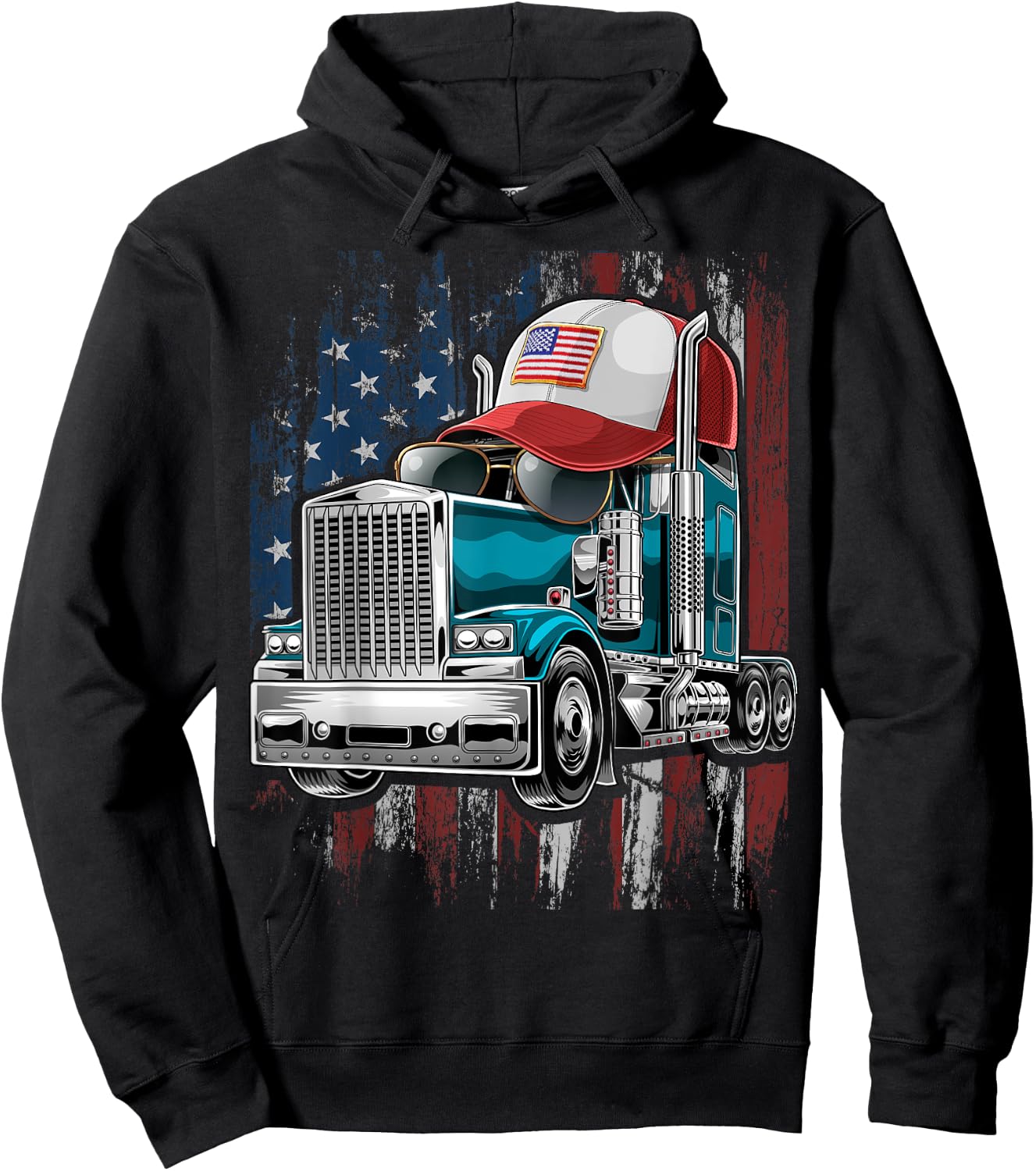 Trucker American Flag Trucker Hat Truck Driver Gift Men Hoodie - Hoodie | Black