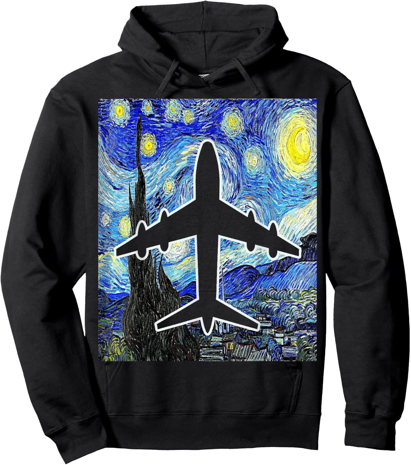 Airplane Starry Night Aviation Airplane Pilot Painting Hoodie - Hoodie | Black