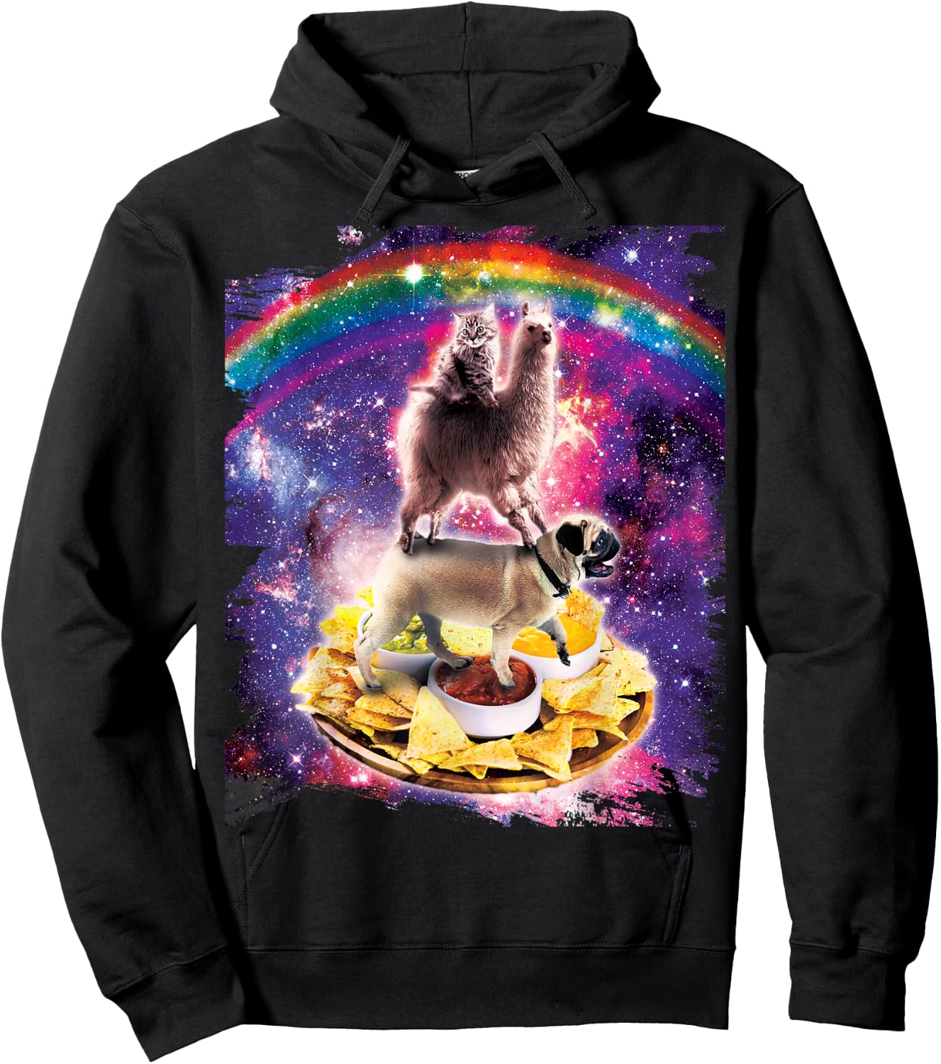 Space Cat Llama Pug Riding Nachos Men Women Kids Hoodie - Hoodie | Black