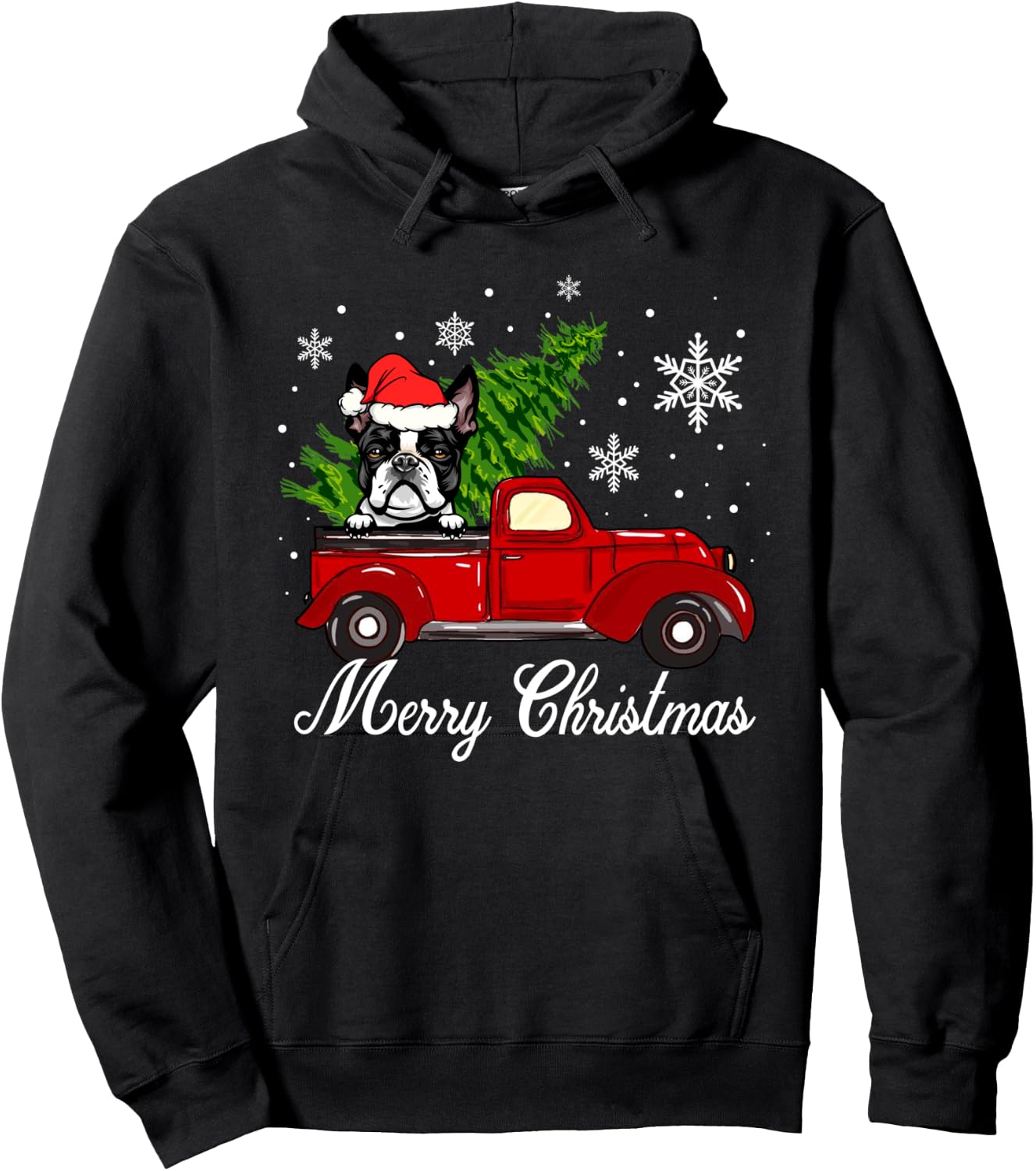 Boston Terrier Dog Riding Red Truck Merry Christmas Pajama Hoodie - Hoodie | Black