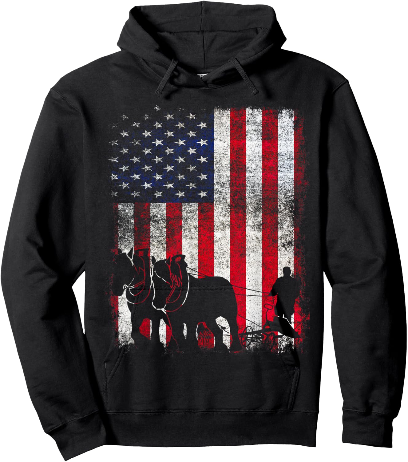 Draft Horse Patriotic American Flag Vintage Farmer Women Kids Men Hoodie - Hoodie | Black