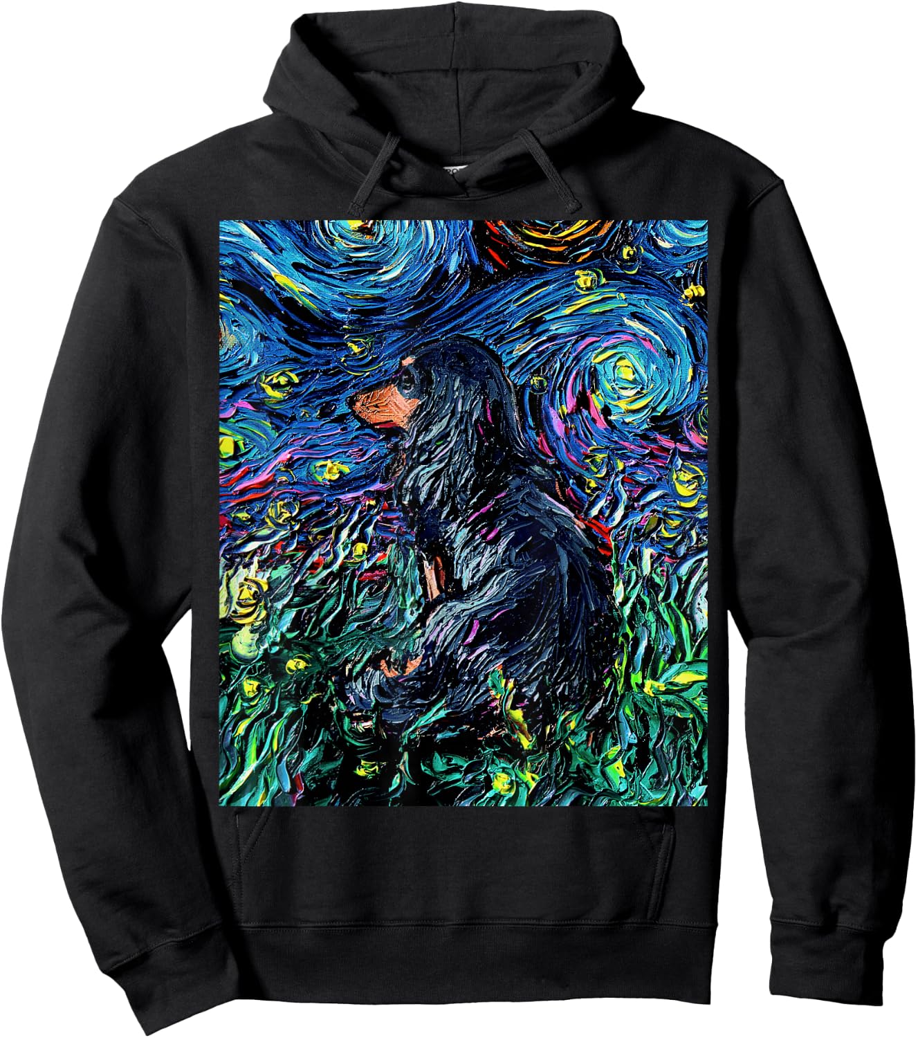 Black Long Hair Dachshund Starry Night Doxie Dog Artwork Hoodie - Hoodie | Black
