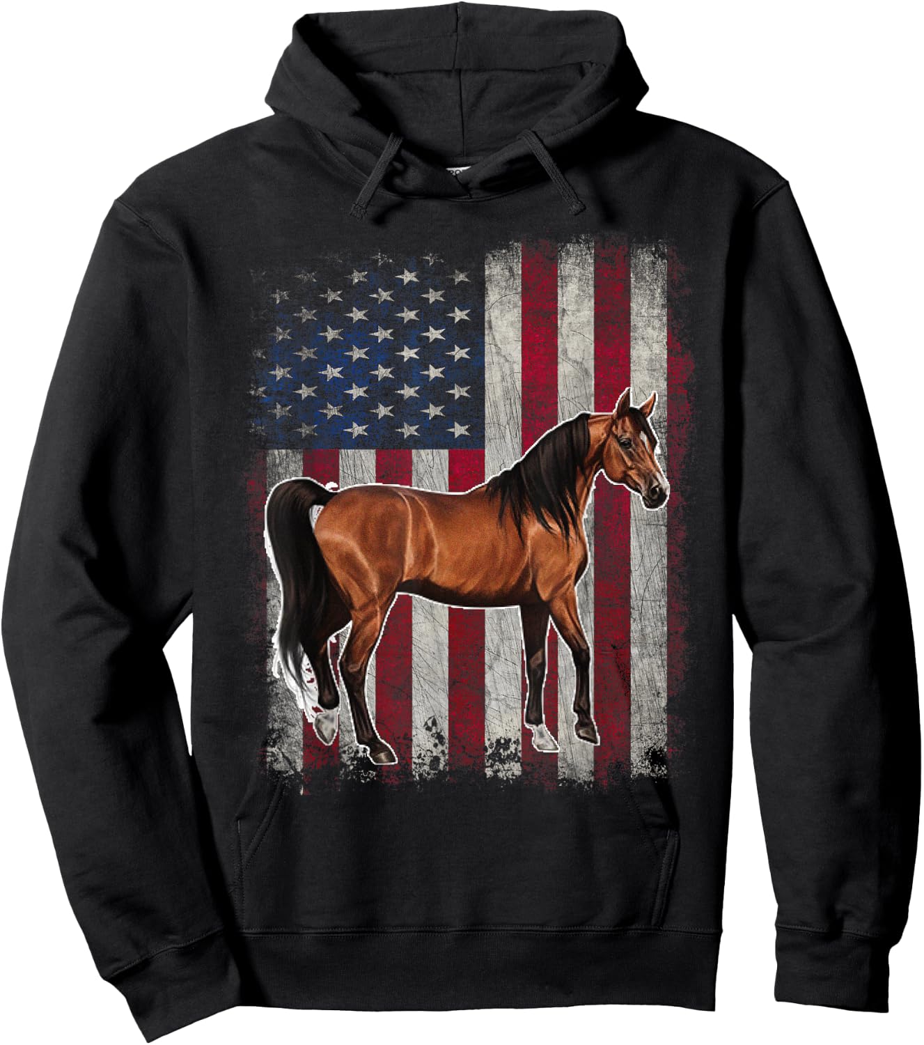Arabian Horse Patriotic American Flag Vintage Horseback Hoodie - Hoodie | Black