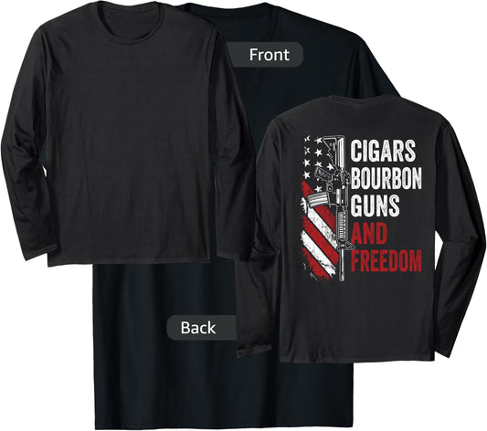 Cigars Bourbon Guns Freedom / USA Flag Drinking Funny (BACK) T-Shirt - T-Shirt | Black