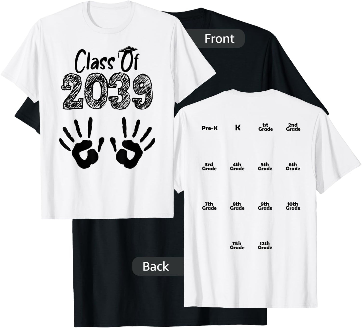 Class of 2039 Grow With Me Shirt Handprint On Back Pre-K T-Shirt - T-Shirt | Black