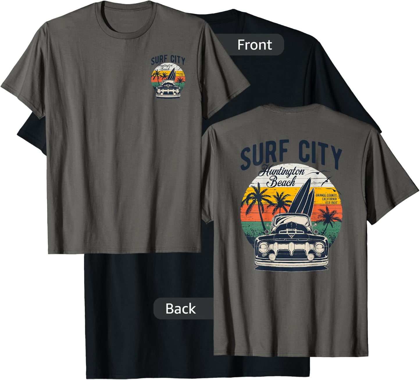 2-Sided Surf City Huntington Beach Retro Sunset '50s Truck T-Shirt - T-Shirt | Black