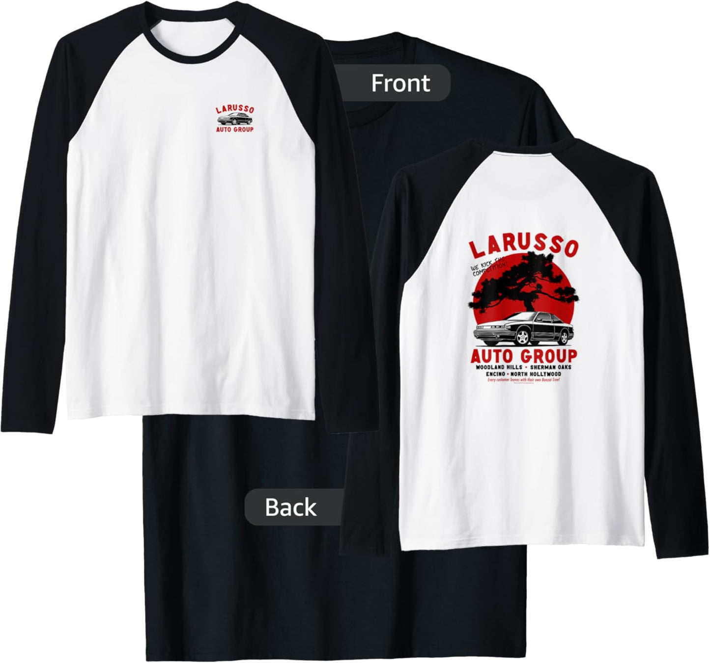Cobra Kai Retro LaRusso Auto Group Ad Front and Back Raglan Baseball T-Shirt - T-Shirt | Black