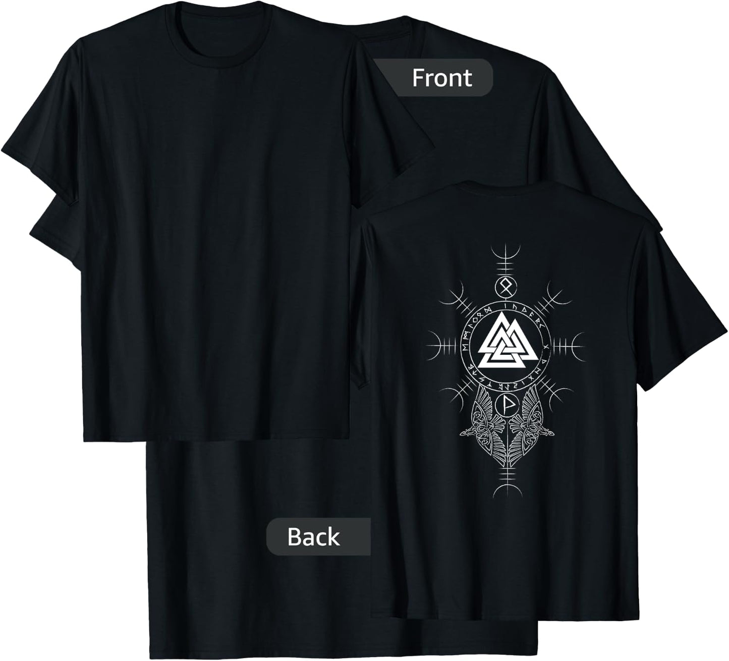 Classic Viking Symbols - Valknut - Aegishjalmur (on back) T-Shirt - T-Shirt | Black