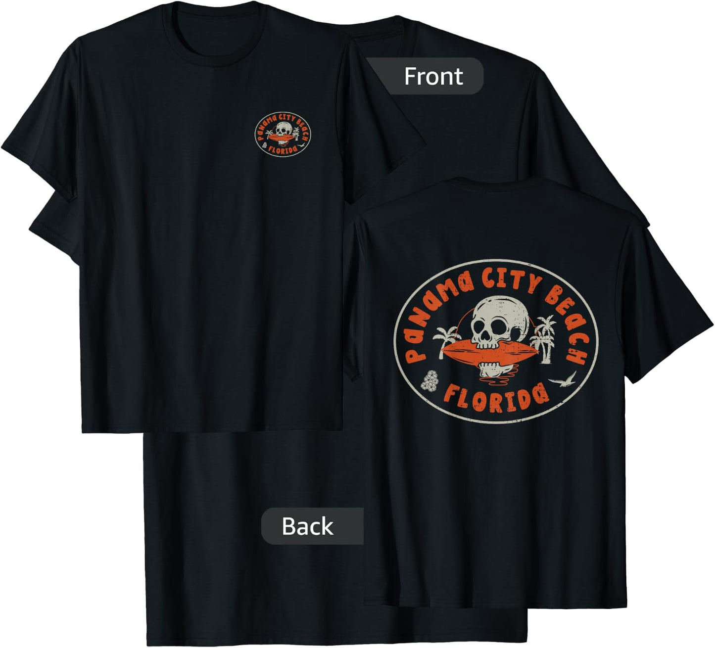 Panama City Beach Florida FL Retro Surfer Beach Front & Back T-Shirt - T-Shirt | Black