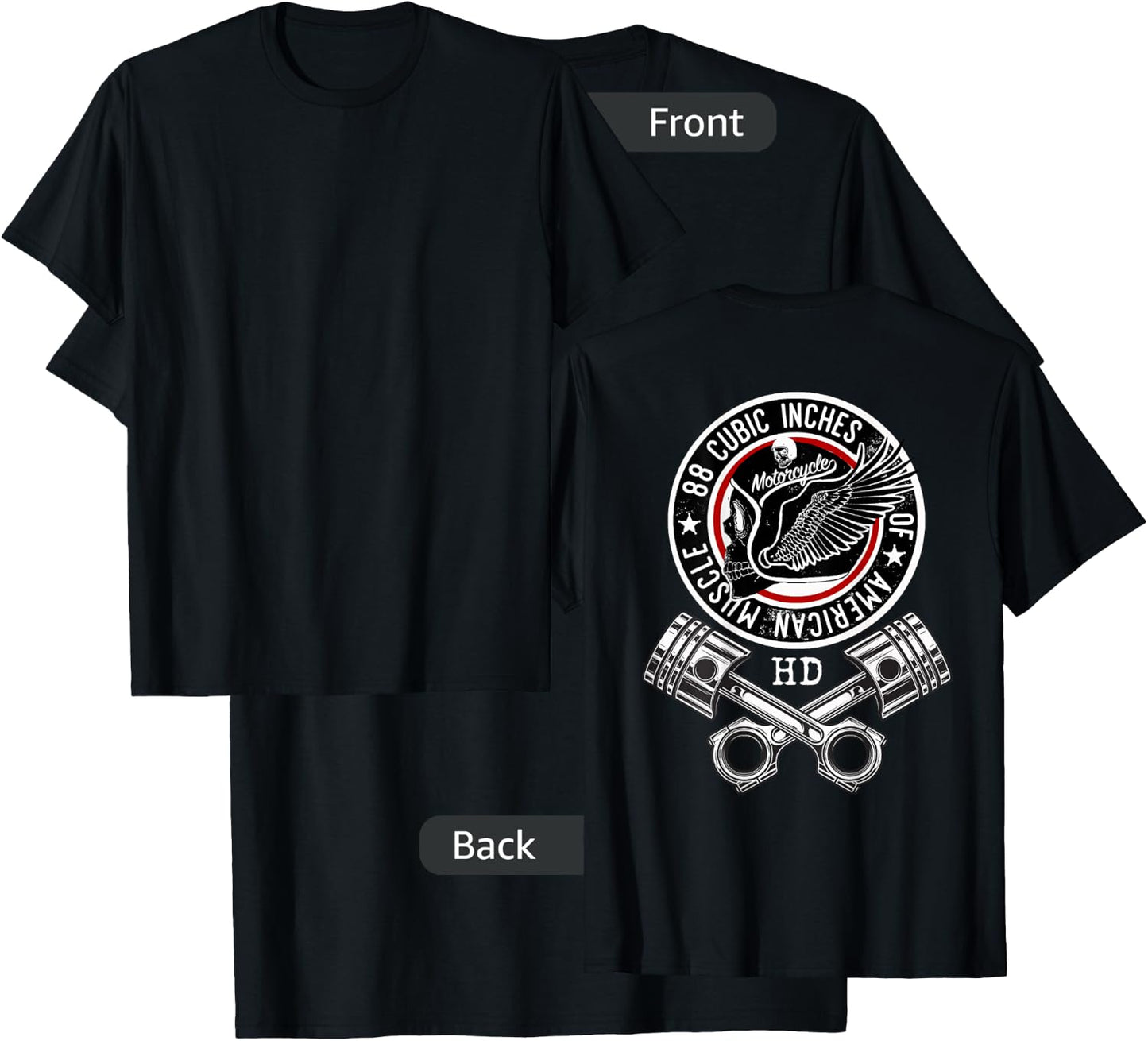 HD 88 CID Engine Motorcycle V-Twin Skull Crossed Pistons T-Shirt - T-Shirt | Black