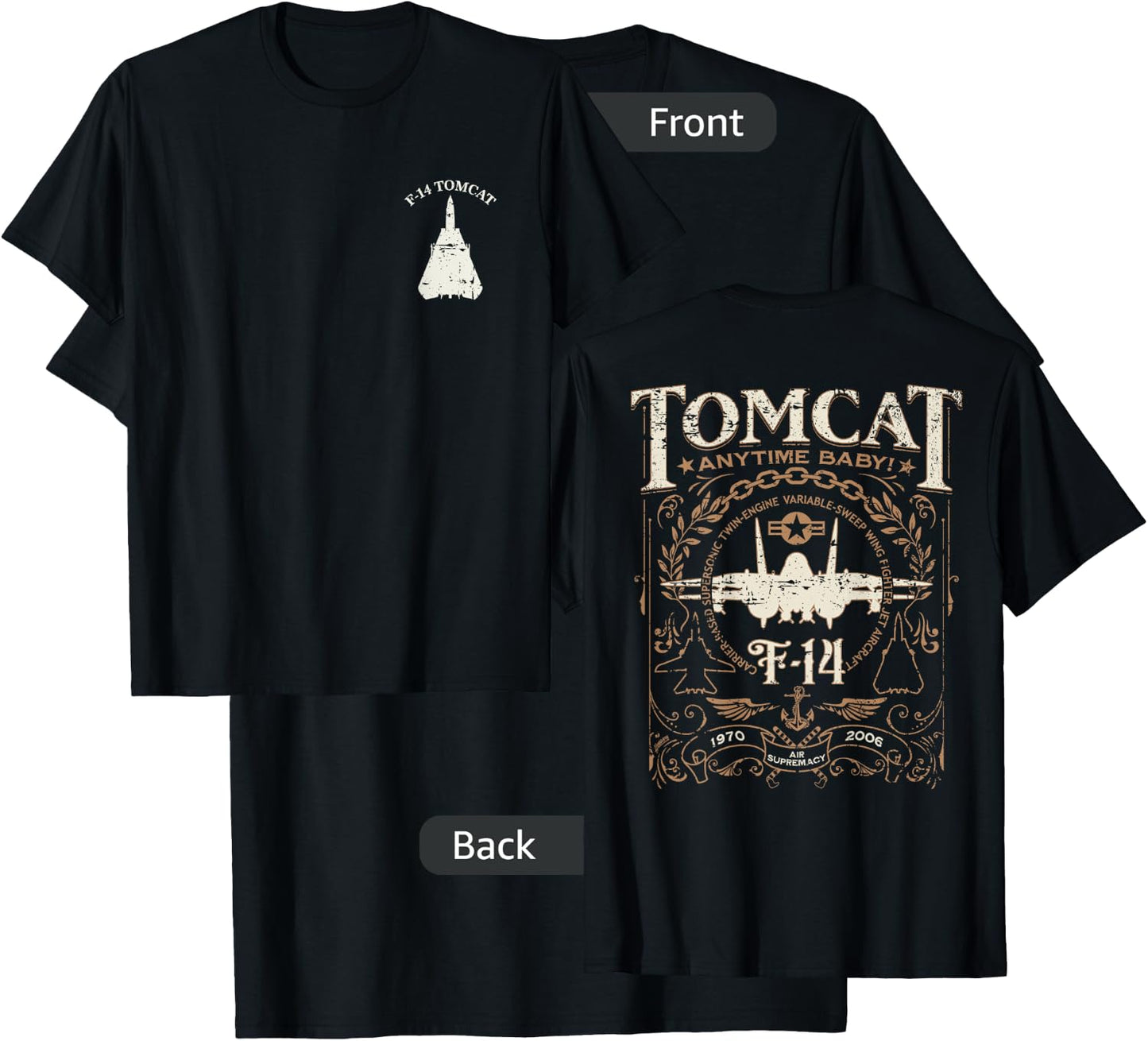 Distressed F-14 Tomcat Military Fighter Jet Front and Back T-Shirt - T-Shirt | Black