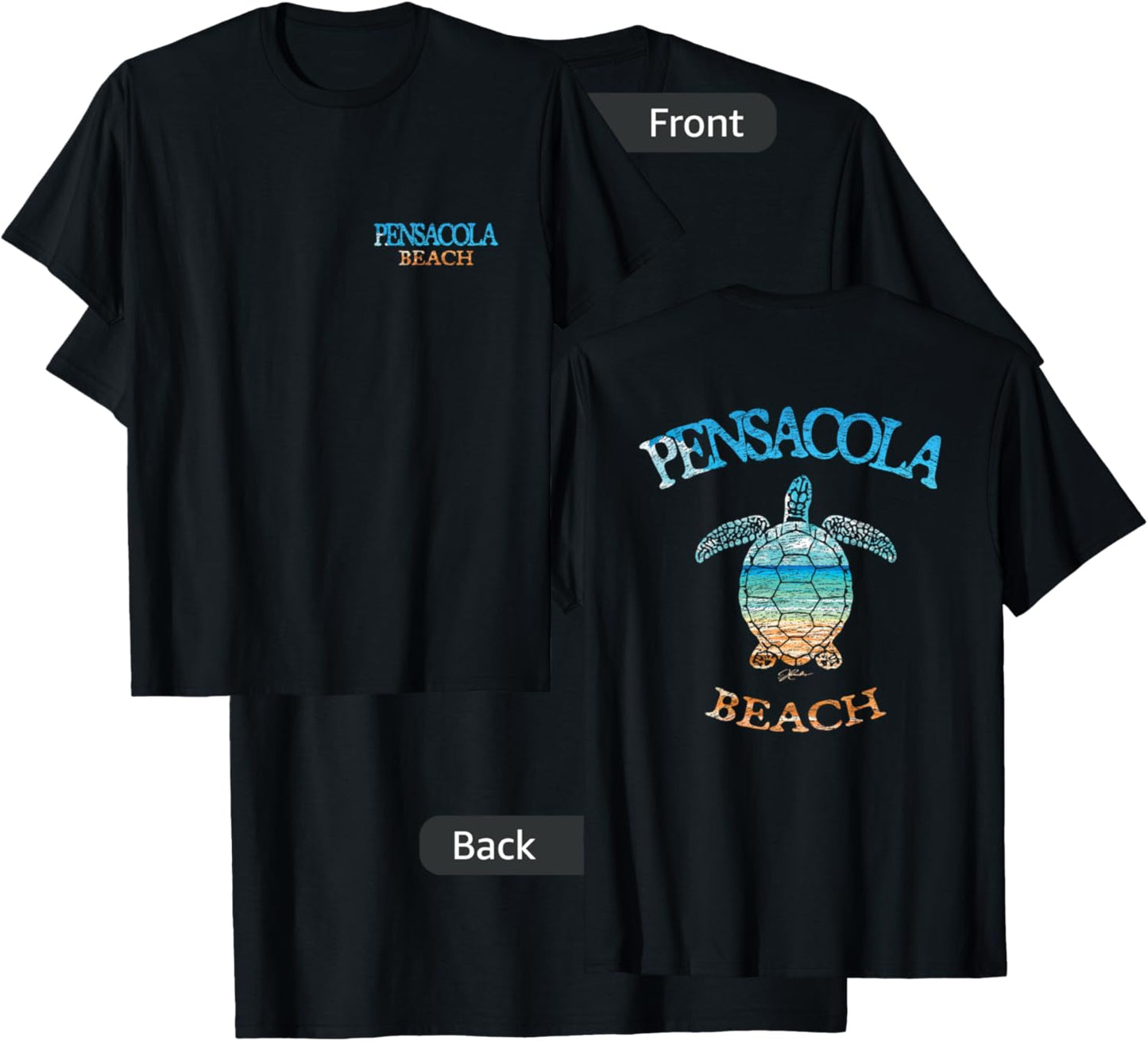 JCombs: Pensacola Beach, FL, Sea Turtle and Beach (2-Sided) T-Shirt - T-Shirt | Black
