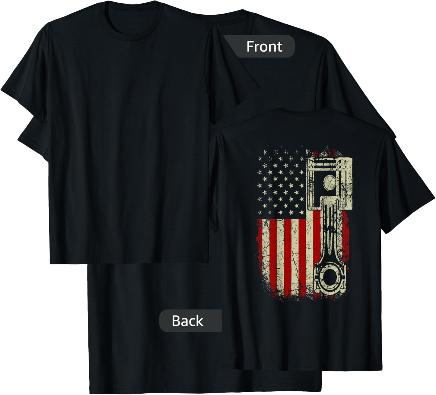 American Flag Piston Muscle Car Patriotic Vintage on Back T-Shirt - T-Shirt | Black