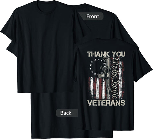 USA Veteran Gun American Flag Thank You Veterans (on back) Women Men T-Shirt - T-Shirt | Black