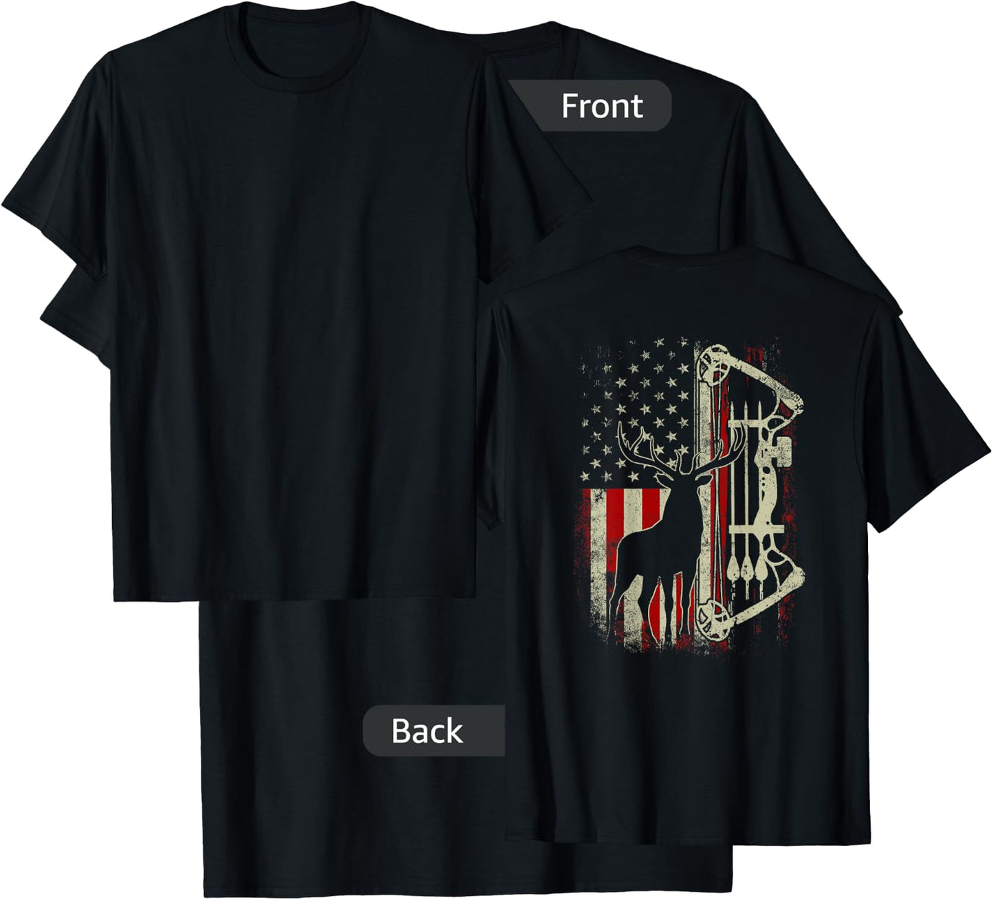 Buck Deer Hunting American Flag Funny Hunter (on back) T-Shirt - T-Shirt | Black