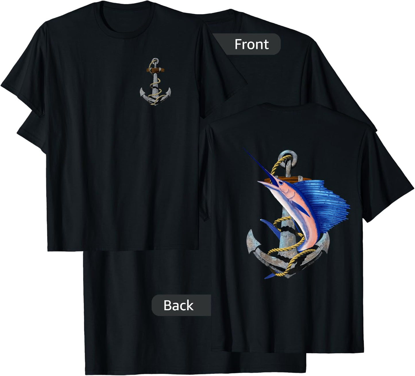 Swordfish Marlin Sailfish Deep Sea Fishing Anchor (2-Sided) T-Shirt - T-Shirt | Black