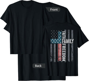 Faith Family Freedom - Christian USA Cross Flag (ON BACK) T-Shirt - T-Shirt | Black