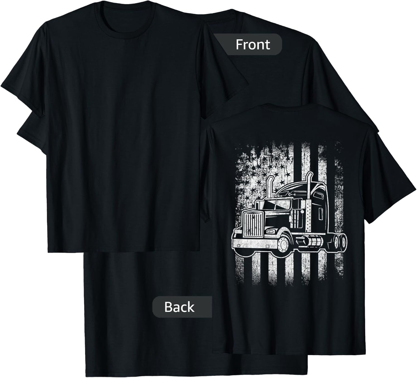 American Flag Big Rigs Semi Truck Driver Design On Back T-Shirt - T-Shirt | Black