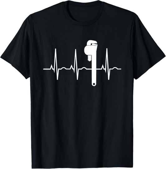 Funny Plumbing Tools Wrench Heartbeat Plumber Gift T-Shirt - T-Shirt | Black