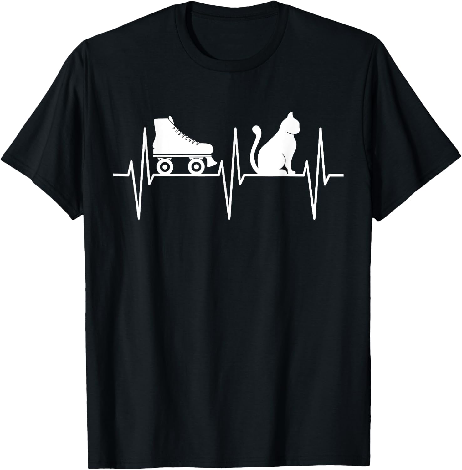 Roller Skate Shirt Funny Cat Lover Heartbeat Roller Skating T-Shirt - T-Shirt | Black