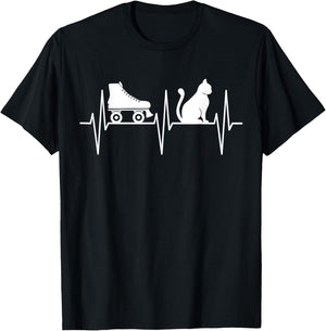 Roller Skate Shirt Funny Cat Lover Heartbeat Roller Skating T-Shirt - T-Shirt | Black