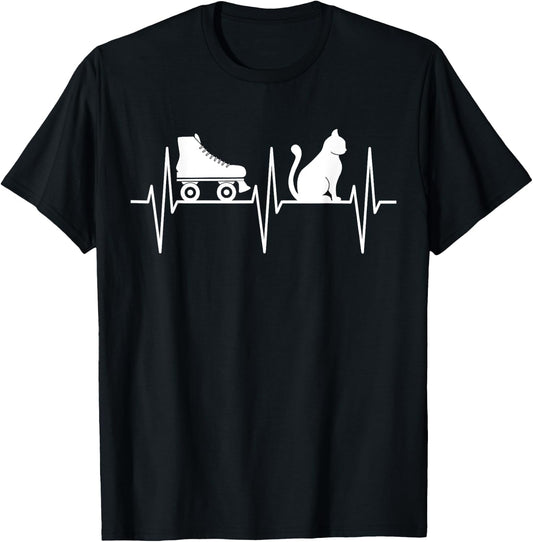 Roller Skate Shirt Funny Cat Lover Heartbeat Roller Skating T-Shirt - T-Shirt | Black