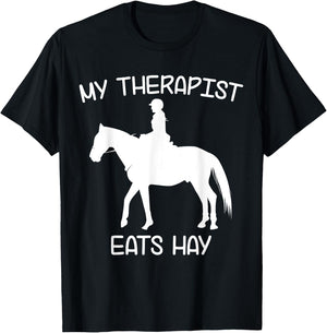 Horse rider clothes & gifts with funny sayings x | My Therapist Eats Hay | Funny Horses - Women's Black Short Sleeve - Size Small T-Shirt - T-Shirt | Black